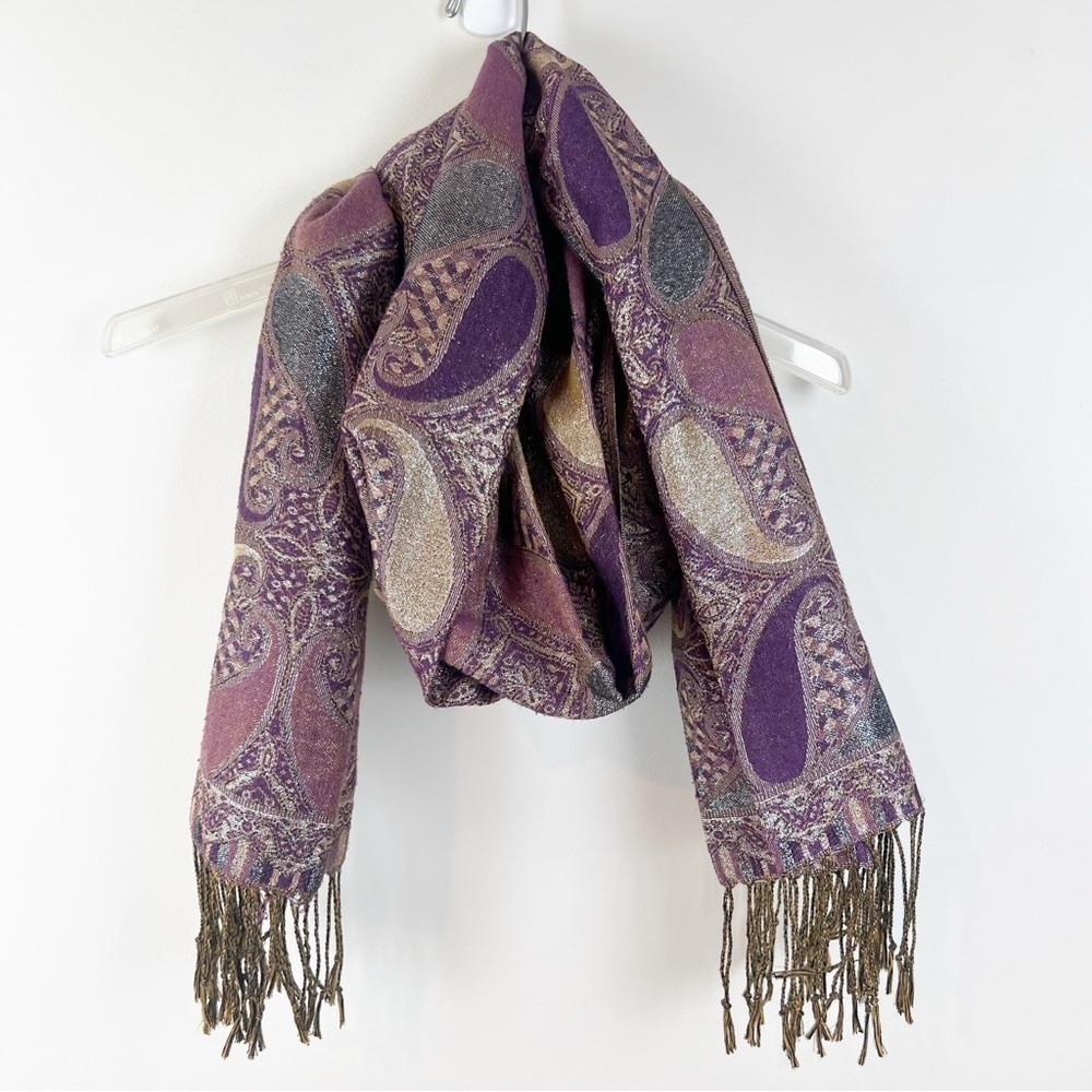 Purple Gold Paisley Print Scarf Pashmina Wrap Shawl Wide Long Metallic